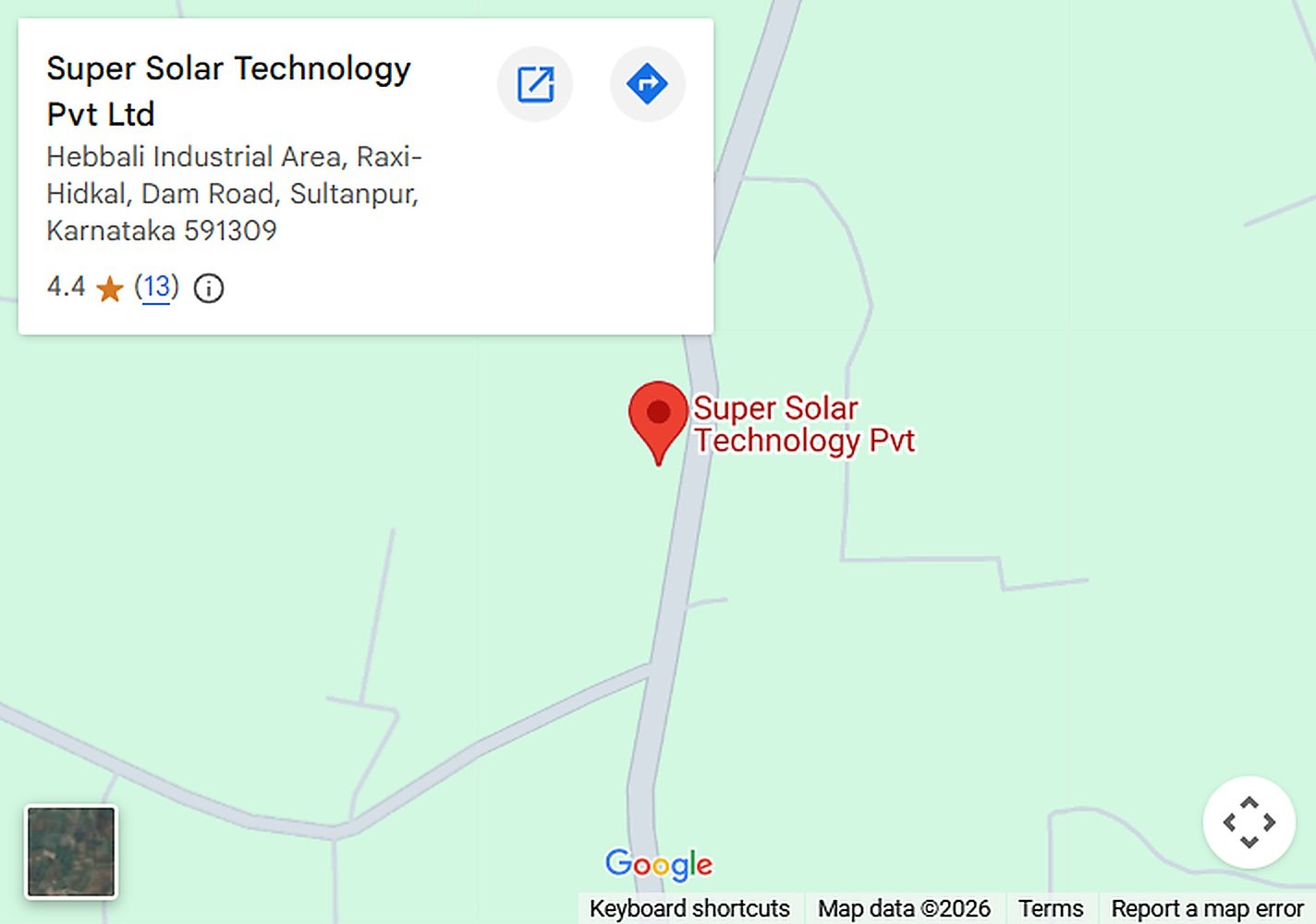 Map showing Super Solar Technology Pvt Ltd at Hebbali Industrial Area, Sultanpur